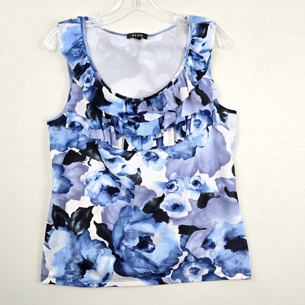 Alyx Ruffle Floral print Sleeveless‎ Scoop Neck Women Top Blue White L